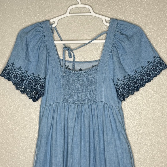 Denim Embroidered Tie Back Midi Maxi Dress Boho Prairie Cottagecore Western S - Picture 7 of 11